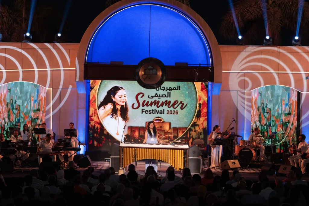 Nesma Abdelaziz at the marimba with her ensemble on Cairo Opera House’s Summer Festival 2026 stage